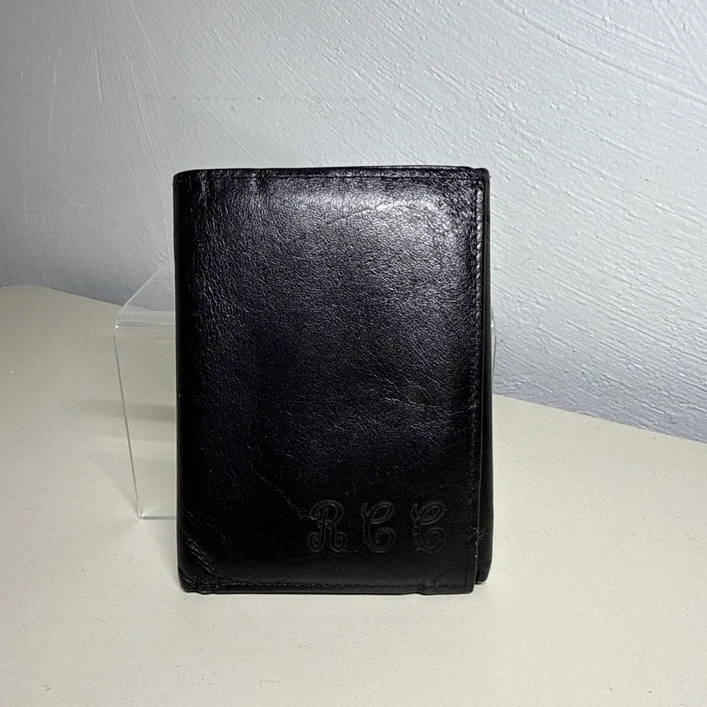 FS Mens Black  Leather Wallet Tree Folding